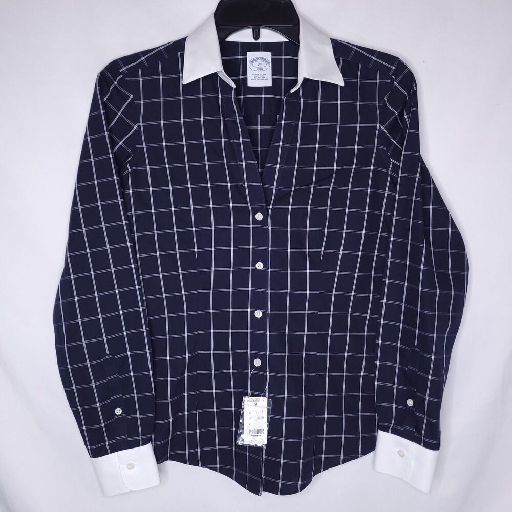 Brooks Brothers Shirt Womens 2P Navy Blue Check Non Iron Fitted NWT